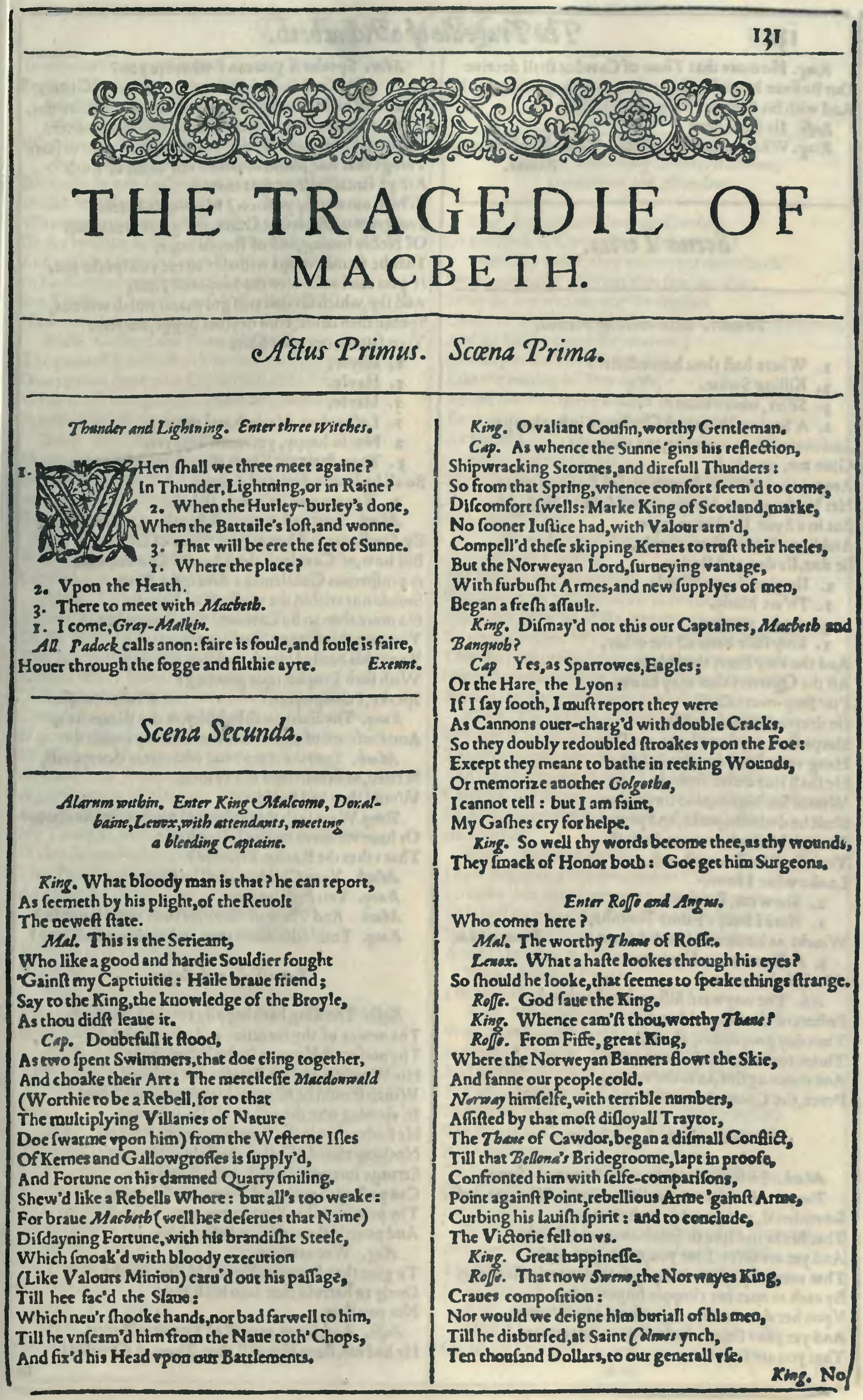 Первая страница Макбет Шекспира из Первого Фолио, 1623, The first page of Shakespeare's Macbeth from the First Folio